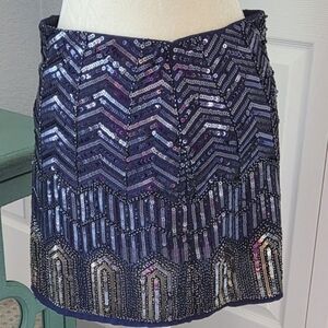 Verty Navy Blue Sequin Beaded Chevron Mini Skirt Size Large